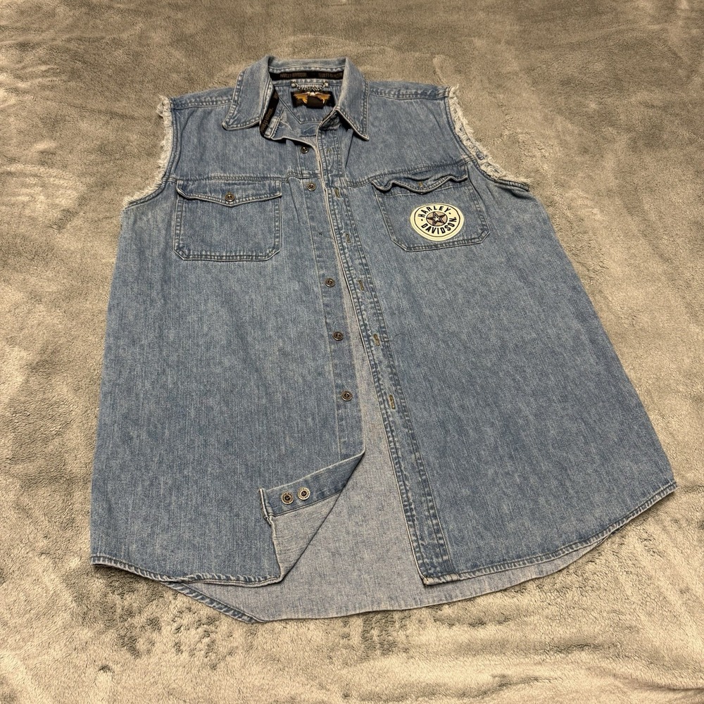Vintage 90s Harley Davidson Denim Shirt Vest Mens L Blue Logo Patch Biker Moto